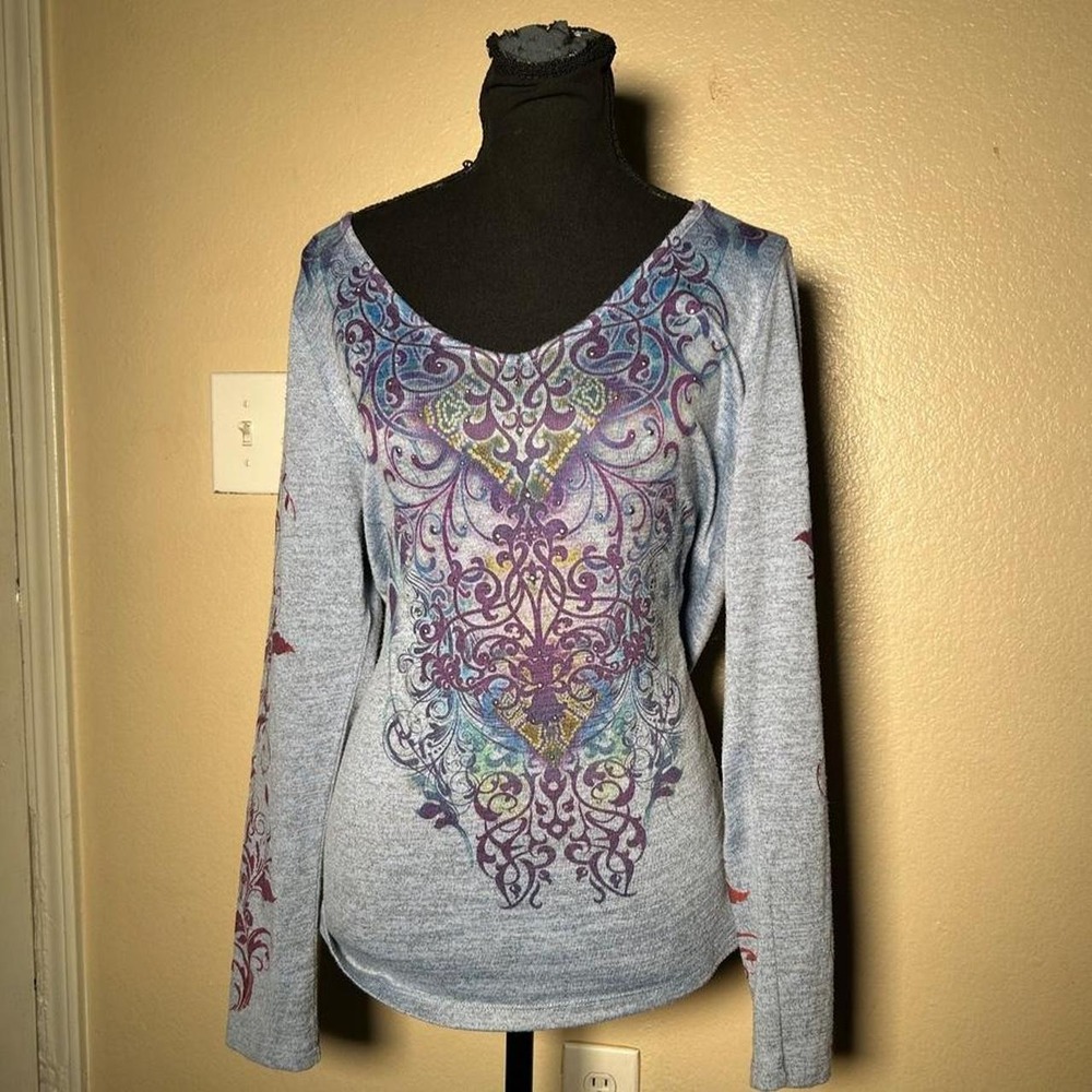 Live and Let Live Y2K Graphic Long Sleeve Knit Grunge Top Gray Purple Medium